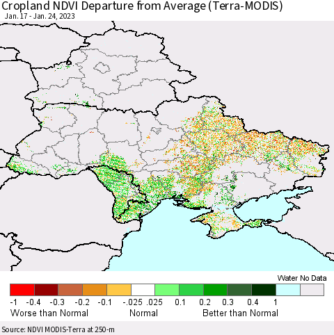 Ukraine, Moldova and Belarus Cropland NDVI Departure from Average (Terra-MODIS) Thematic Map For 1/17/2023 - 1/24/2023