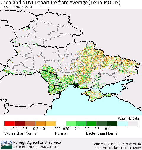 Ukraine, Moldova and Belarus Cropland NDVI Departure from Average (Terra-MODIS) Thematic Map For 1/21/2023 - 1/31/2023