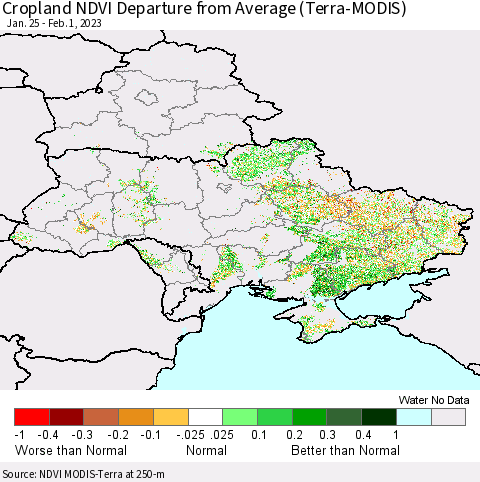 Ukraine, Moldova and Belarus Cropland NDVI Departure from Average (Terra-MODIS) Thematic Map For 1/25/2023 - 2/1/2023