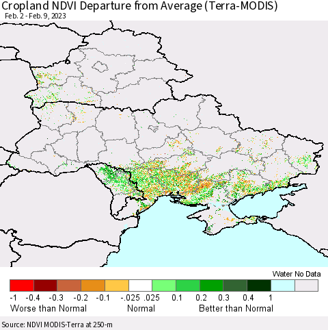 Ukraine, Moldova and Belarus Cropland NDVI Departure from Average (Terra-MODIS) Thematic Map For 2/2/2023 - 2/9/2023