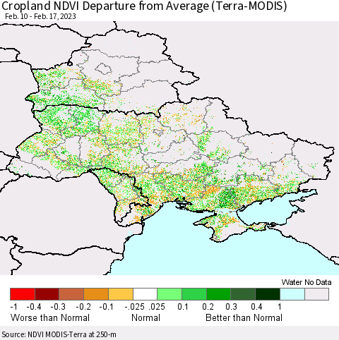 Ukraine, Moldova and Belarus Cropland NDVI Departure from Average (Terra-MODIS) Thematic Map For 2/10/2023 - 2/17/2023