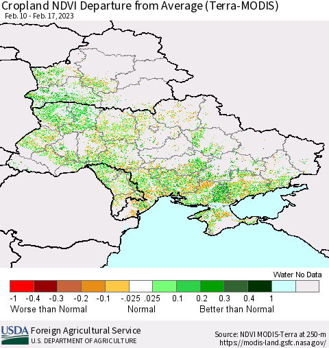 Ukraine, Moldova and Belarus Cropland NDVI Departure from Average (Terra-MODIS) Thematic Map For 2/11/2023 - 2/20/2023