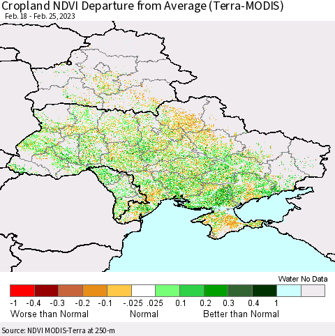 Ukraine, Moldova and Belarus Cropland NDVI Departure from Average (Terra-MODIS) Thematic Map For 2/18/2023 - 2/25/2023