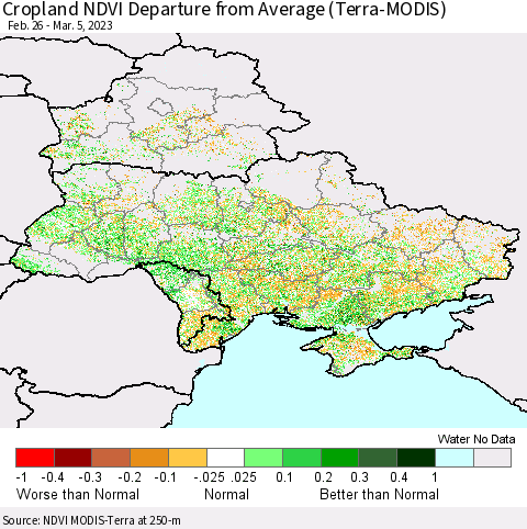 Ukraine, Moldova and Belarus Cropland NDVI Departure from Average (Terra-MODIS) Thematic Map For 2/26/2023 - 3/5/2023