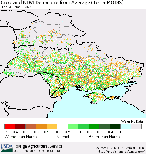 Ukraine, Moldova and Belarus Cropland NDVI Departure from Average (Terra-MODIS) Thematic Map For 3/1/2023 - 3/10/2023