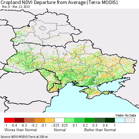 Ukraine, Moldova and Belarus Cropland NDVI Departure from Average (Terra-MODIS) Thematic Map For 3/6/2023 - 3/13/2023
