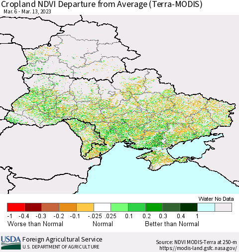 Ukraine, Moldova and Belarus Cropland NDVI Departure from Average (Terra-MODIS) Thematic Map For 3/11/2023 - 3/20/2023