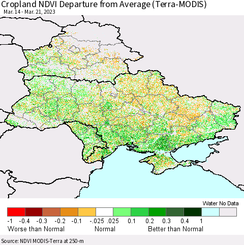 Ukraine, Moldova and Belarus Cropland NDVI Departure from Average (Terra-MODIS) Thematic Map For 3/14/2023 - 3/21/2023