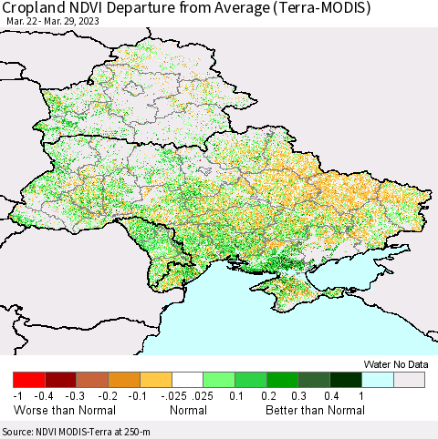 Ukraine, Moldova and Belarus Cropland NDVI Departure from Average (Terra-MODIS) Thematic Map For 3/22/2023 - 3/29/2023
