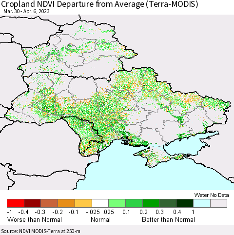 Ukraine, Moldova and Belarus Cropland NDVI Departure from Average (Terra-MODIS) Thematic Map For 3/30/2023 - 4/6/2023