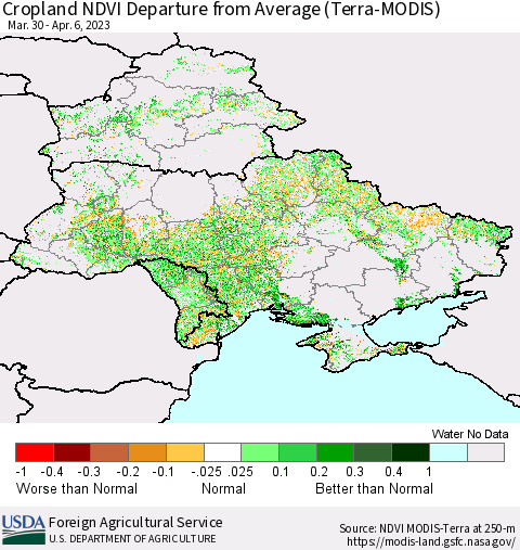 Ukraine, Moldova and Belarus Cropland NDVI Departure from Average (Terra-MODIS) Thematic Map For 4/1/2023 - 4/10/2023