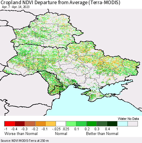 Ukraine, Moldova and Belarus Cropland NDVI Departure from Average (Terra-MODIS) Thematic Map For 4/7/2023 - 4/14/2023