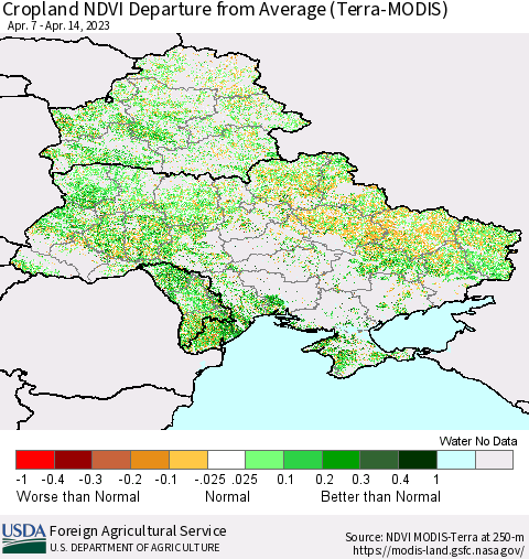 Ukraine, Moldova and Belarus Cropland NDVI Departure from Average (Terra-MODIS) Thematic Map For 4/11/2023 - 4/20/2023