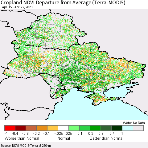 Ukraine, Moldova and Belarus Cropland NDVI Departure from Average (Terra-MODIS) Thematic Map For 4/15/2023 - 4/22/2023