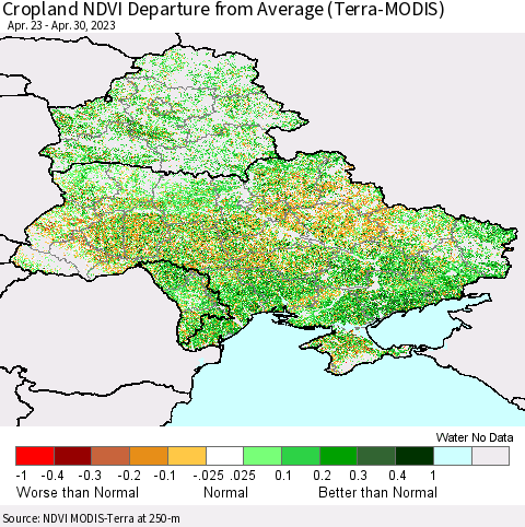 Ukraine, Moldova and Belarus Cropland NDVI Departure from Average (Terra-MODIS) Thematic Map For 4/21/2023 - 4/30/2023