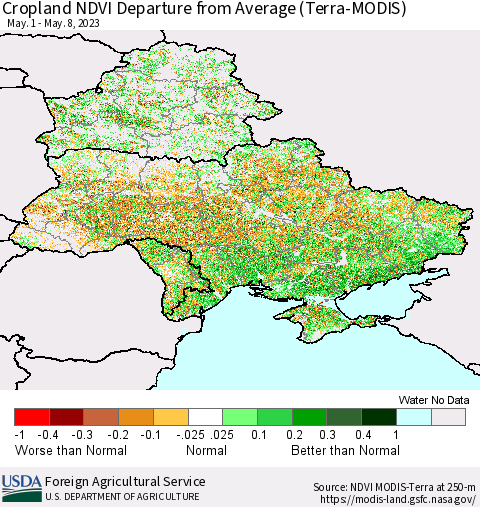 Ukraine, Moldova and Belarus Cropland NDVI Departure from Average (Terra-MODIS) Thematic Map For 5/1/2023 - 5/10/2023
