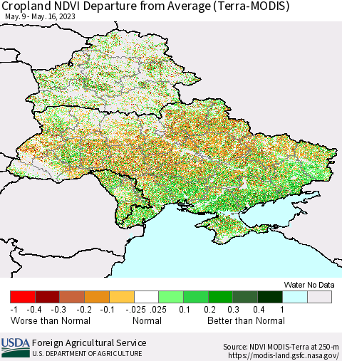 Ukraine, Moldova and Belarus Cropland NDVI Departure from Average (Terra-MODIS) Thematic Map For 5/11/2023 - 5/20/2023