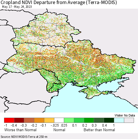 Ukraine, Moldova and Belarus Cropland NDVI Departure from Average (Terra-MODIS) Thematic Map For 5/17/2023 - 5/24/2023