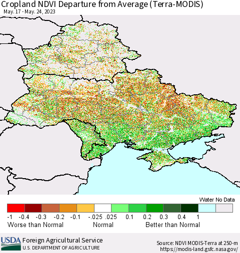 Ukraine, Moldova and Belarus Cropland NDVI Departure from Average (Terra-MODIS) Thematic Map For 5/21/2023 - 5/31/2023