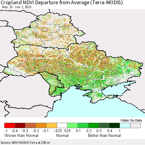 Ukraine, Moldova and Belarus Cropland NDVI Departure from Average (Terra-MODIS) Thematic Map For 5/25/2023 - 6/1/2023