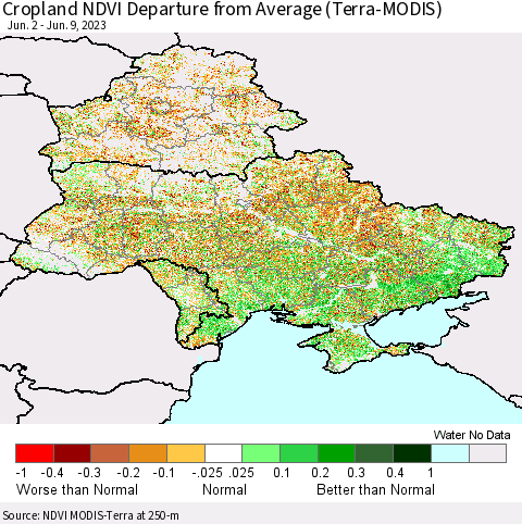 Ukraine, Moldova and Belarus Cropland NDVI Departure from Average (Terra-MODIS) Thematic Map For 6/2/2023 - 6/9/2023