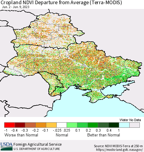 Ukraine, Moldova and Belarus Cropland NDVI Departure from Average (Terra-MODIS) Thematic Map For 6/1/2023 - 6/10/2023