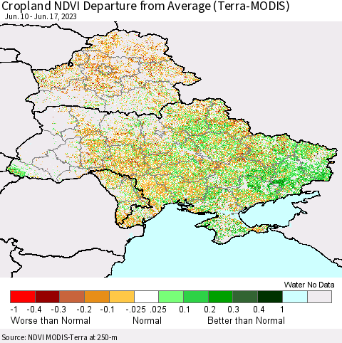 Ukraine, Moldova and Belarus Cropland NDVI Departure from Average (Terra-MODIS) Thematic Map For 6/10/2023 - 6/17/2023
