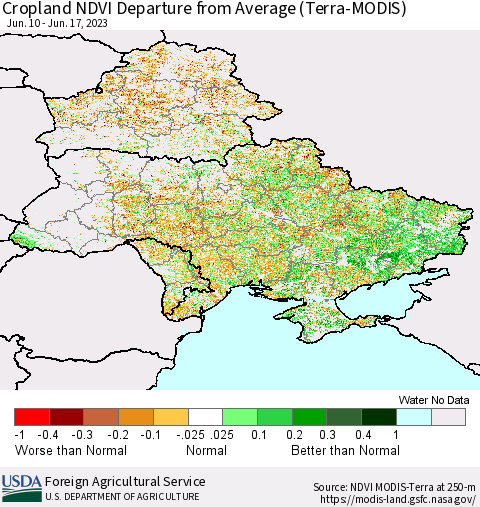 Ukraine, Moldova and Belarus Cropland NDVI Departure from Average (Terra-MODIS) Thematic Map For 6/11/2023 - 6/20/2023
