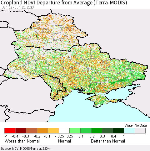 Ukraine, Moldova and Belarus Cropland NDVI Departure from Average (Terra-MODIS) Thematic Map For 6/18/2023 - 6/25/2023