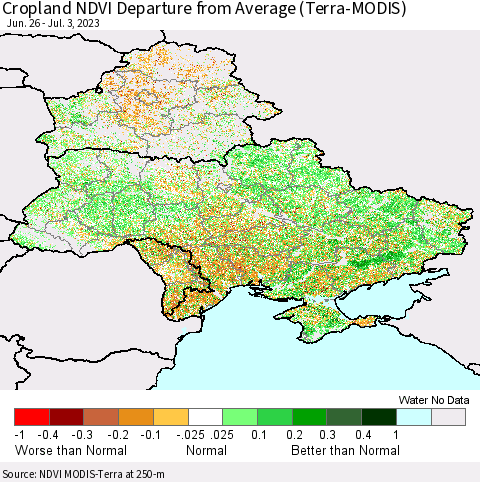 Ukraine, Moldova and Belarus Cropland NDVI Departure from Average (Terra-MODIS) Thematic Map For 6/26/2023 - 7/3/2023