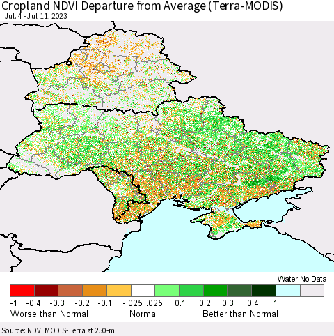 Ukraine, Moldova and Belarus Cropland NDVI Departure from Average (Terra-MODIS) Thematic Map For 7/4/2023 - 7/11/2023