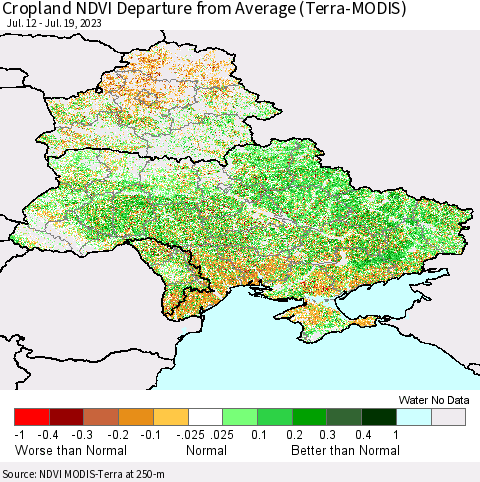 Ukraine, Moldova and Belarus Cropland NDVI Departure from Average (Terra-MODIS) Thematic Map For 7/12/2023 - 7/19/2023