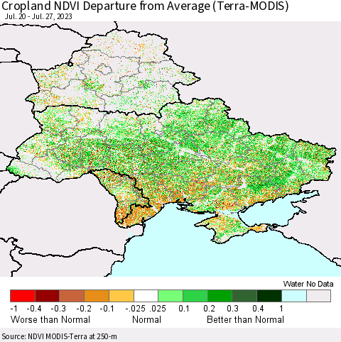 Ukraine, Moldova and Belarus Cropland NDVI Departure from Average (Terra-MODIS) Thematic Map For 7/20/2023 - 7/27/2023