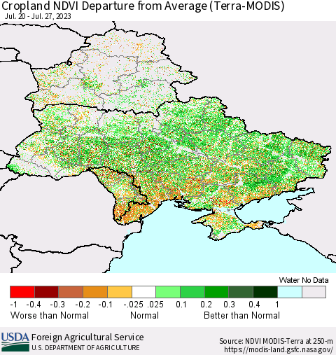 Ukraine, Moldova and Belarus Cropland NDVI Departure from Average (Terra-MODIS) Thematic Map For 7/21/2023 - 7/31/2023