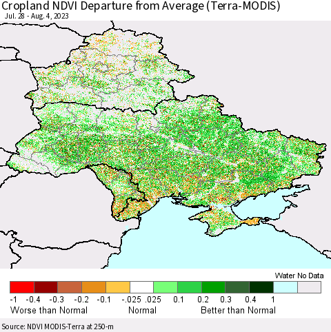 Ukraine, Moldova and Belarus Cropland NDVI Departure from Average (Terra-MODIS) Thematic Map For 7/28/2023 - 8/4/2023
