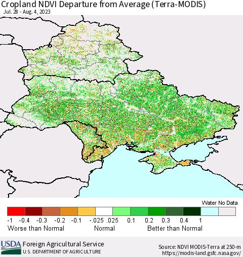 Ukraine, Moldova and Belarus Cropland NDVI Departure from Average (Terra-MODIS) Thematic Map For 8/1/2023 - 8/10/2023