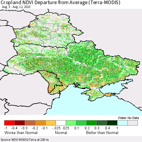 Ukraine, Moldova and Belarus Cropland NDVI Departure from Average (Terra-MODIS) Thematic Map For 8/5/2023 - 8/12/2023