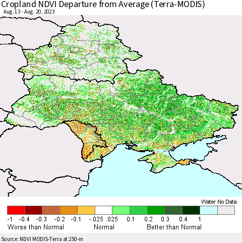 Ukraine, Moldova and Belarus Cropland NDVI Departure from Average (Terra-MODIS) Thematic Map For 8/11/2023 - 8/20/2023