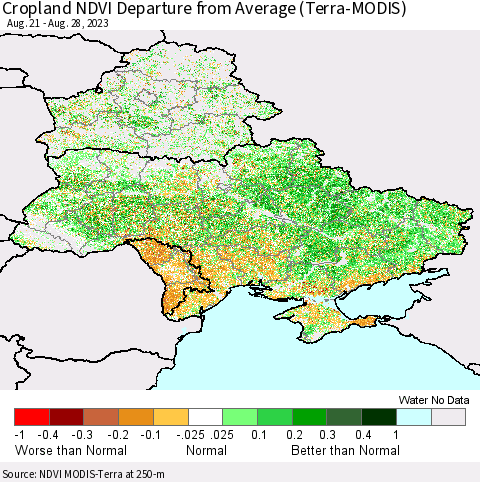 Ukraine, Moldova and Belarus Cropland NDVI Departure from Average (Terra-MODIS) Thematic Map For 8/21/2023 - 8/28/2023