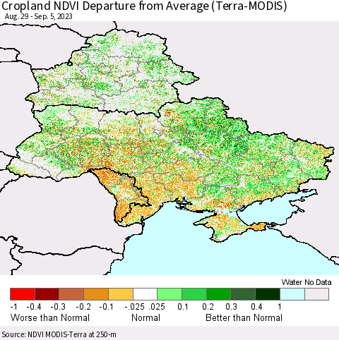Ukraine, Moldova and Belarus Cropland NDVI Departure from Average (Terra-MODIS) Thematic Map For 8/29/2023 - 9/5/2023