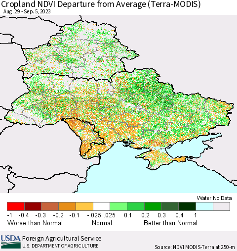 Ukraine, Moldova and Belarus Cropland NDVI Departure from Average (Terra-MODIS) Thematic Map For 9/1/2023 - 9/10/2023
