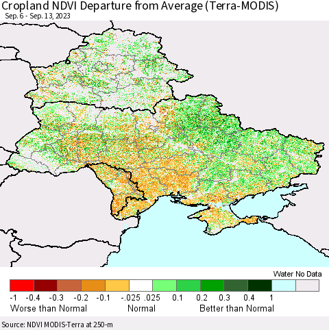 Ukraine, Moldova and Belarus Cropland NDVI Departure from Average (Terra-MODIS) Thematic Map For 9/6/2023 - 9/13/2023