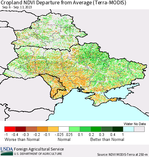 Ukraine, Moldova and Belarus Cropland NDVI Departure from Average (Terra-MODIS) Thematic Map For 9/11/2023 - 9/20/2023