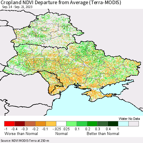 Ukraine, Moldova and Belarus Cropland NDVI Departure from Average (Terra-MODIS) Thematic Map For 9/14/2023 - 9/21/2023