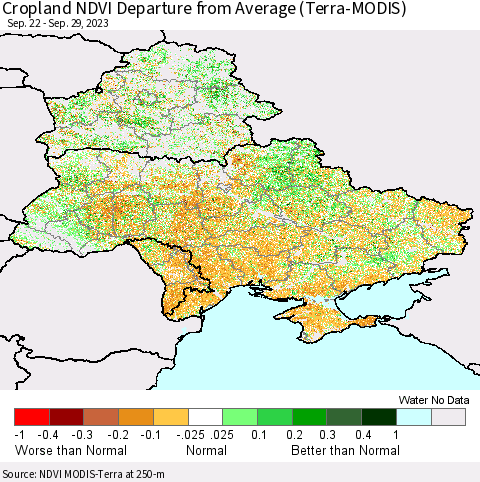 Ukraine, Moldova and Belarus Cropland NDVI Departure from Average (Terra-MODIS) Thematic Map For 9/22/2023 - 9/29/2023