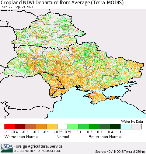 Ukraine, Moldova and Belarus Cropland NDVI Departure from Average (Terra-MODIS) Thematic Map For 9/21/2023 - 9/30/2023