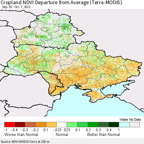 Ukraine, Moldova and Belarus Cropland NDVI Departure from Average (Terra-MODIS) Thematic Map For 9/30/2023 - 10/7/2023