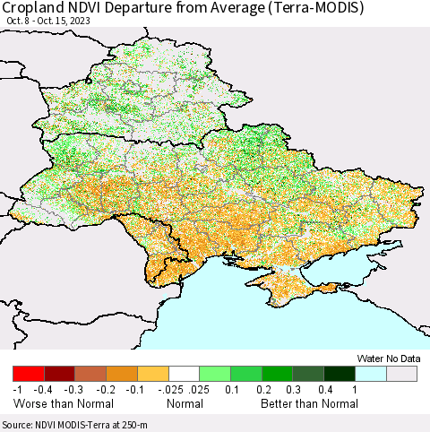 Ukraine, Moldova and Belarus Cropland NDVI Departure from Average (Terra-MODIS) Thematic Map For 10/8/2023 - 10/15/2023