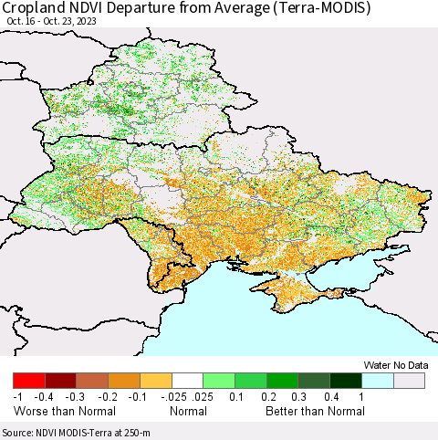 Ukraine, Moldova and Belarus Cropland NDVI Departure from Average (Terra-MODIS) Thematic Map For 10/16/2023 - 10/23/2023