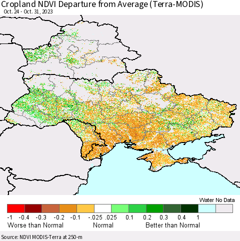 Ukraine, Moldova and Belarus Cropland NDVI Departure from Average (Terra-MODIS) Thematic Map For 10/21/2023 - 10/31/2023